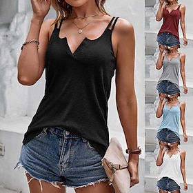 Women's Tank Top Wine Red Black White Plain Casual Sleeveless V Neck Basic S9580841