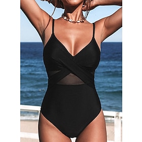 Women's Swimwear One Piece Normal Swimsuit Leaf Mesh Patchwork Printing Black Green Bodysuit Bathing Suits Beach Wear Summer Sports9479346