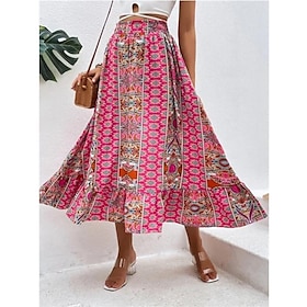 Women's Skirt Swing Polyester Maxi Red Skirts Ruffle Print Holiday Weekend Casual S M L9547142