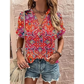 Women's Shirt Blouse Black White Pink Button Print Floral Casual Short Sleeve V Neck Basic Regular Floral S9584381