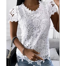 Women's Shirt Blouse Black White Pink Lace Plain Casual Short Sleeve Round Neck Basic Regular S9540477