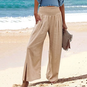 Women's Wide Leg Pants Trousers Faux Linen Black White Apricot Fashion Side Pockets Wide Leg Casual Daily Full Length Plain Comfort S M L XL 2XL9551886