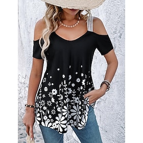 Women's T shirt Tee Black Cut Out Print Floral Holiday Weekend Short Sleeve Off Shoulder V Neck Basic Regular Floral Painting S9564304