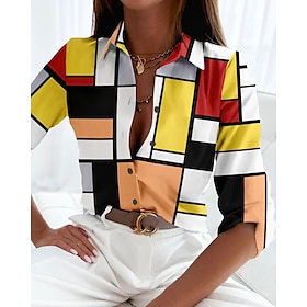 Women's Shirt Blouse Yellow Red Blue Button Print Color Block Casual Holiday Long Sleeve Shirt Collar Basic Regular Geometric S9528107