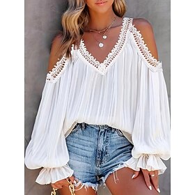 Women's Shirt Blouse White Lace Cut Out Plain Casual Long Sleeve V Neck Basic Regular Loose Fit S9587031