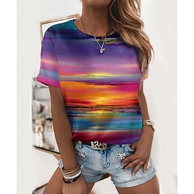 Women's T shirt Tee Purple Print Graphic Scenery Casual Daily Short Sleeve Round Neck Basic Regular Abstract 3D Printed Painting S8614302