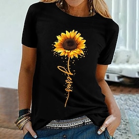 Women's T shirt Tee Black White Navy Blue Print Sunflower Casual Holiday Short Sleeve Round Neck Basic Cotton Regular Floral Painting S9026859