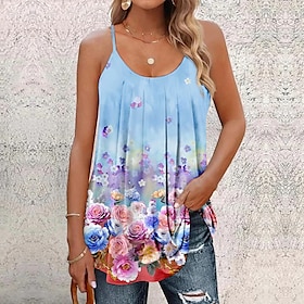 Women's Tank Top Pink Blue Green Print Floral Casual Holiday Sleeveless U Neck Basic Regular Floral S9579782