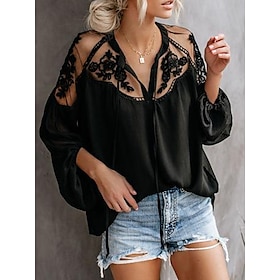 Women's Shirt Blouse Black White Lace up Lace Plain Daily Weekend Long Sleeve V Neck Streetwear Casual Regular Loose Fit Lantern Sleeve S9322362