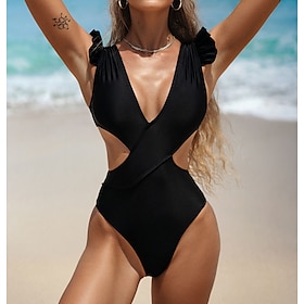 Women's Swimwear One Piece Normal Swimsuit Plain Ruffle Cut Out Black Bodysuit Bathing Suits Beach Wear Summer Sports9604272