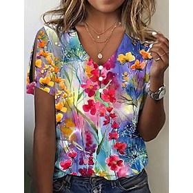 Women's T shirt Tee White Yellow Light Green Button Cut Out Floral Holiday Weekend Short Sleeve V Neck Basic Regular Floral Painting S9522358