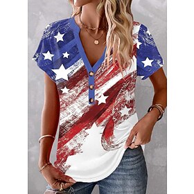 Women's T shirt Tee Wine Red Blue Button Print American Flag Weekend Independence Day Short Sleeve V Neck Basic Regular Painting S9580798