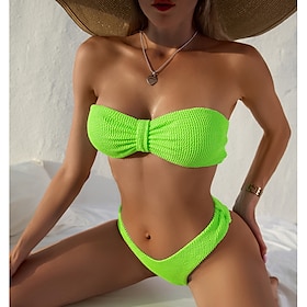 Women's Swimwear Bikini Swimsuit Solid Color Tie back / Tie front kylie Swim Green-yellow stitching Powder blue stitching Pink Sky Blue Green Bathing Suits Vac8977194