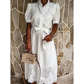 Women's Shirt Dress Casual Dress Summer Dress Long Dress Maxi Dress Basic Casual Graphic Floral Lace Button Outdoor Daily Holiday Shirt Collar Short Sleeve Dre9465732