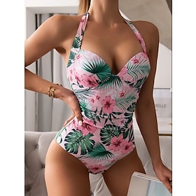 Women's Swimwear One Piece Normal Swimsuit Floral Printing White Red Navy Blue Brown Green Bodysuit Bathing Suits Beach Wear Summer Sports9516942