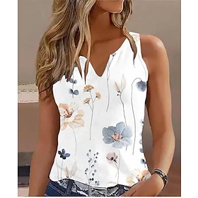 Women's Tank Top White Blue Gray Print Floral Casual Holiday Sleeveless V Neck Basic Regular Floral S9528079