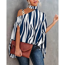 Women's Shirt Going Out Tops Blouse Concert Tops Blue Patchwork Print Striped Daily Short Sleeve Halter Neck Casual Regular Batwing Sleeve S9132420