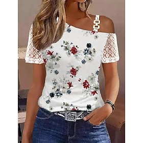 Women's T shirt Tee White Lace Print Floral Casual Holiday Short Sleeve One Shoulder Basic Regular Floral S9522444