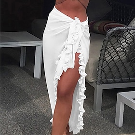 Women's Swimwear Cover Up Swim Shorts wrap Normal Swimsuit Pure Color Ruffle White Black Yellow Rosy Pink Khaki Bathing Suits Vacation Fashion New / Sexy / Mod9011972