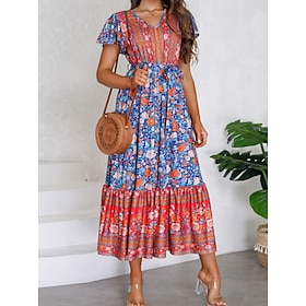 Women's Summer Dress Boho Dress Print Dress Long Dress Maxi Dress Fashion Casual Floral With Belt Print Daily Holiday Date V Neck Short Sleeve Dress Regular Fi9554405