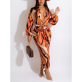 Women's Shirt Dress Sheath Dress Long Dress Maxi Dress Red Beige Print Long Sleeve Fall Winter Autumn Lace up Stylish Shirt Collar Winter Dress Fall Dress 20239309823