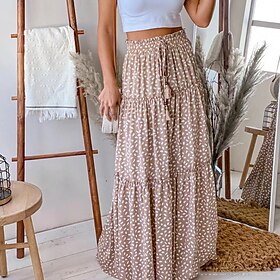 Women's Swing Long Skirt Polyester Maxi White Coffee Skirts Drawstring Splice Print Holiday Weekend Fashion S M L9430652