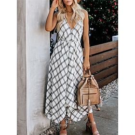 Women's Swing Dress Strap Dress A Line Dress Long Dress Maxi Dress Fashion Romantic Plaid Asymmetric Loose Daily Holiday Vacation Strap Sleeveless Dress Loose9491221