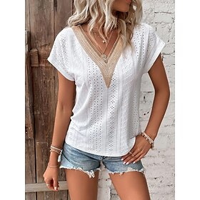 Women's T shirt Tee Blouse Black White Light Green Lace Trims Plain Casual Short Sleeve V Neck Basic Regular S9560958