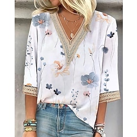 Women's Shirt Blouse White Pink Red Lace Trims Print Floral Geometric Casual Holiday 3/4 Length Sleeve V Neck Basic Regular Floral Geometric S9577151