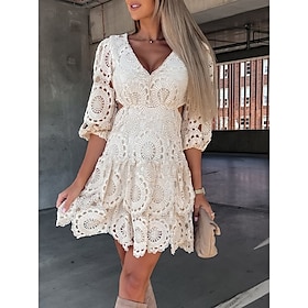 Women's Wedding Guest Dress Party Dress Lace Dress Mini Dress Black Beige Pure Color 3/4 Length Sleeve Summer Spring Fall Lace Fashion V Neck Birthday Wedding9544215