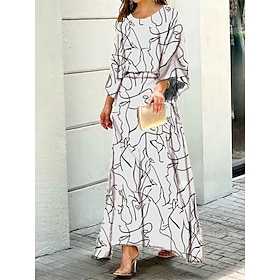 Women's Two Piece Dress Set Office Daily Shift Dress Swing Dress Print Fashion Modern Crew Neck Maxi Dress Graphic Abstract 3/4 Length Sleeve Loose Fit White B9431313