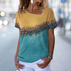 Women's T shirt Tee Yellow Pink Blue Print Color Block Daily Weekend Short Sleeve V Neck Basic Regular Painting S9550134