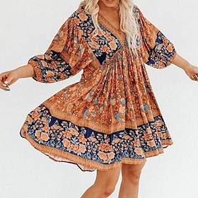 Women's Swing Dress Boho Dress Mini Dress Brown Floral 3/4 Length Sleeve Summer Spring Ruffle Boho V Neck Loose Fit 2023 S M L XL 2XL9158025