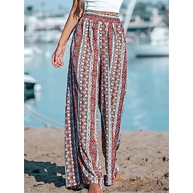 Women's Wide Leg Pants Trousers Yellow Wine Streetwear Casual Comfort High Waist Print Vacation Casual Daily Weekend Full Length Micro-elastic Geometry Comfort9599132