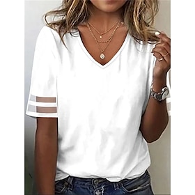 Women's T shirt Tee Black White Mesh Plain Daily Weekend Short Sleeve V Neck Basic Regular S9585091