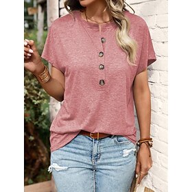 Women's T shirt Tee Black Pink Blue Button Plain Daily Weekend Short Sleeve Round Neck Basic Regular S9567781