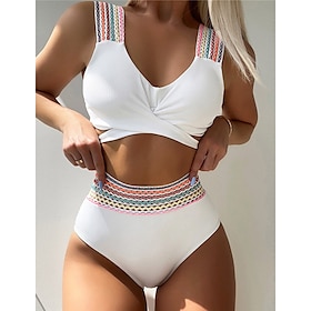 Women's Swimwear Bikini 2 Piece Normal Swimsuit Striped Open Back Printing White Strap Tank Top Vest Bathing Suits Vacation Fashion New9189237