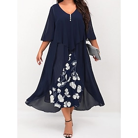 Women's Work Dress Elegant Work Dress Semi Formal Dress Maxi long Dress V Neck Ruched Layered Floral 3/4 Length Sleeve Regular Fit Black Wine Red Summer Spring9210569