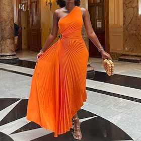 Women's Party Dress Cut Out Dress Holiday Dress Long Dress Maxi Dress Wine Red Orange Pure Color Sleeveless Summer Spring Fall Ruched Fashion One Shoulder Part9271153