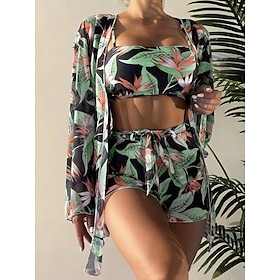 Women's Swimwear Bikini Cover Up Normal Swimsuit Floral 3-Piece Printing Black Blue Green Tunic Shirts Bathing Suits Beach Wear Summer Sports9525661