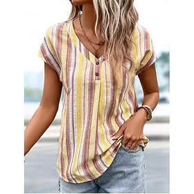 Women's Shirt Blouse Yellow Print Striped Casual Short Sleeve V Neck Basic Cotton Regular S9581056