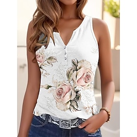 Women's Tank Top Pink Blue Fuchsia Button Print Floral Casual Holiday Sleeveless V Neck Basic Regular Floral S9595814