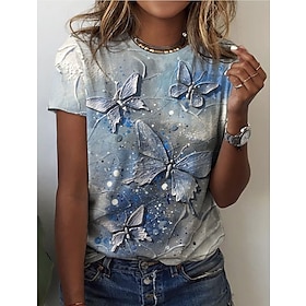 Women's T shirt Tee Yellow Red Blue Print Butterfly Casual Weekend Short Sleeve Round Neck Basic Regular Butterfly Painting S9068091