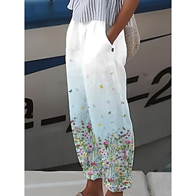 Women's Straight Light Yellow Transparent Blue Transparent Green Mid Waist Print Daily Wear Full Length Micro-elastic Flower / Floral Comfy S M L XL XXL9582185