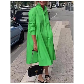 Women's Shirt Dress Daily Midi Dress Fashion Elegant Polyester Pocket Shirt Collar Summer Spring Fall Long Sleeve Loose Fit 2023 Pink Royal Blue Green Plain Pu9589109