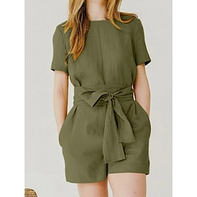 Women's Romper Solid Color Lace up Pocket Holiday Crew Neck Street Daily Short Sleeve Loose Fit Yellow Army Green Blue S M L Summer9603611