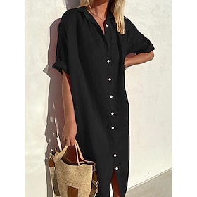 Women's Shirt Dress Casual Dress Daily Midi Dress Casual Cotton Button Shirt Collar Summer Spring Fall Short Sleeve Loose Fit 2023 ArmyGreen Black Red Plain XS9583850