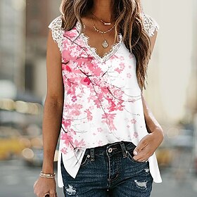 Women's Tank Top Pink Blue Purple Lace Print Floral Holiday Weekend Sleeveless V Neck Basic Regular Floral S9503893