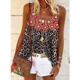 Women's Tank Top Camisole Summer Tops Blue Orange Brown Print Leopard Floral Casual Holiday Sleeveless Round Neck Basic Linen Regular Floral S9507739