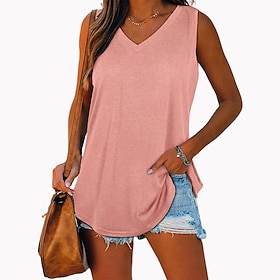 Women's Tank Basic Solid / Plain Color Sleeveless V Neck Summer Regular White Pink Blue Dark Gray Light Green9479293